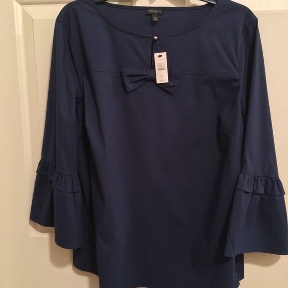🟡TALBOTS NWT AUTHENTIC NAVY BLUE QUARTER LENGTH RUFFLE SLEEVES BLOUSE - Picture 1 of 8